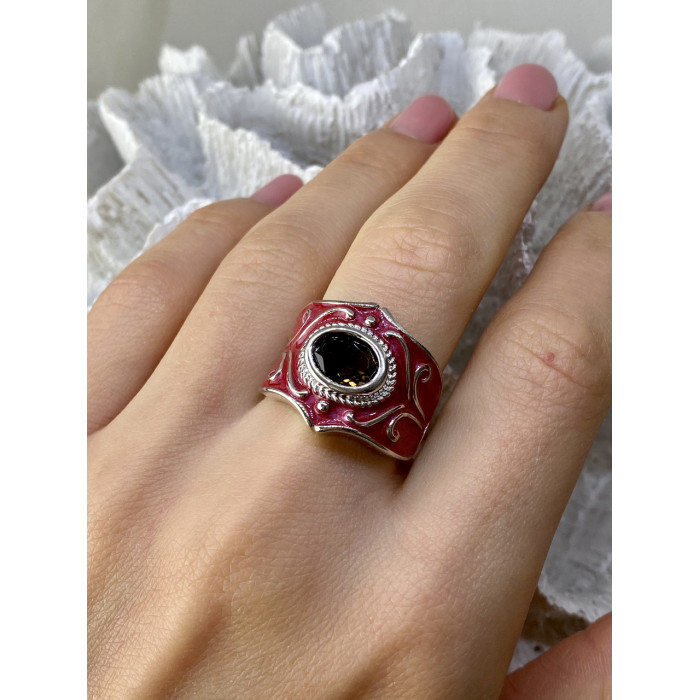 Sky Jewelry Кольцо из серебра с красной эмалью и камнем гессонит