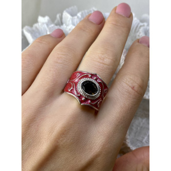 Sky Jewelry Кольцо из серебра с красной эмалью и камнем гессонит