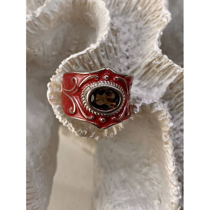 Sky Jewelry Кольцо из серебра с красной эмалью и камнем гессонит
