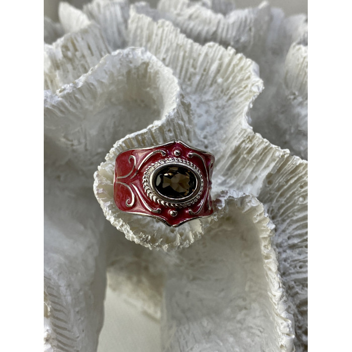 Sky Jewelry Кольцо из серебра с красной эмалью и камнем гессонит