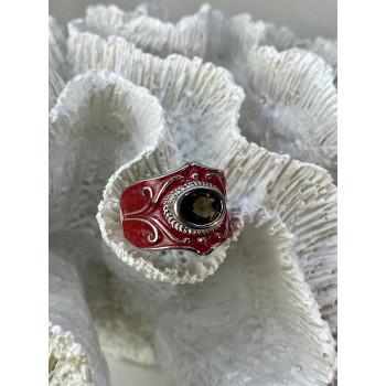 Sky Jewelry Кольцо из серебра с красной эмалью и камнем гессонит