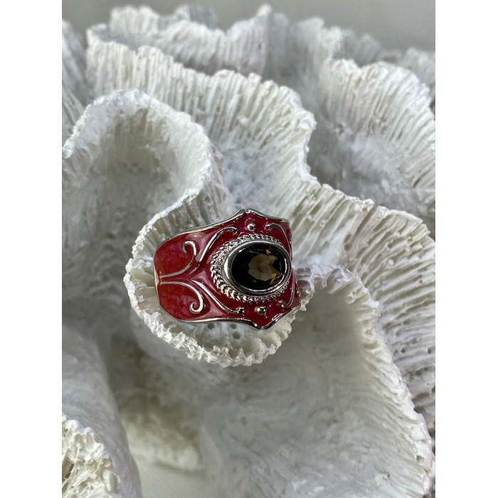 Sky Jewelry Кольцо из серебра с красной эмалью и камнем гессонит