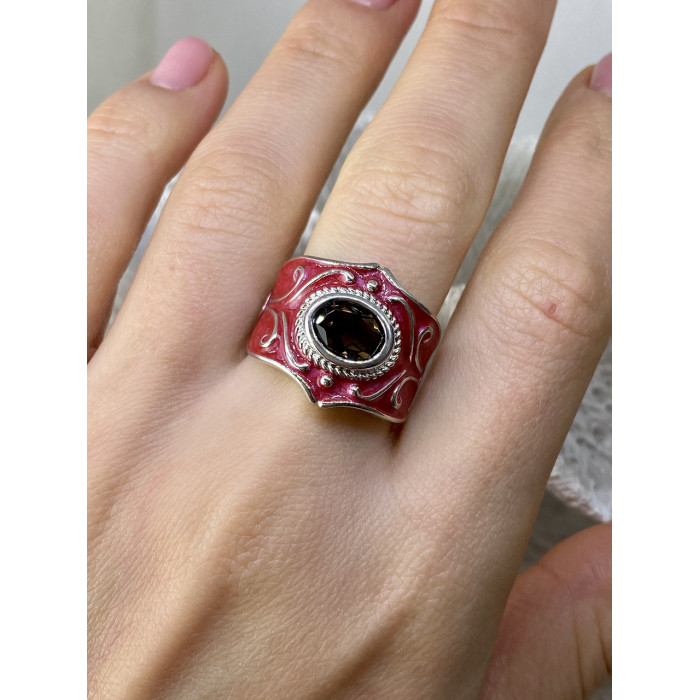 Sky Jewelry Кольцо из серебра с красной эмалью и камнем гессонит