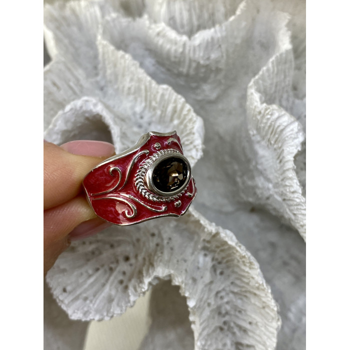 Sky Jewelry Кольцо из серебра с красной эмалью и камнем гессонит