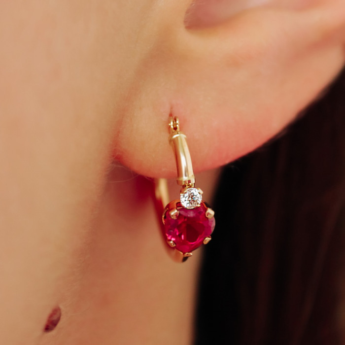 Sky Jewelry Золотые серьги с рубинами и бриллиантами  Сердца