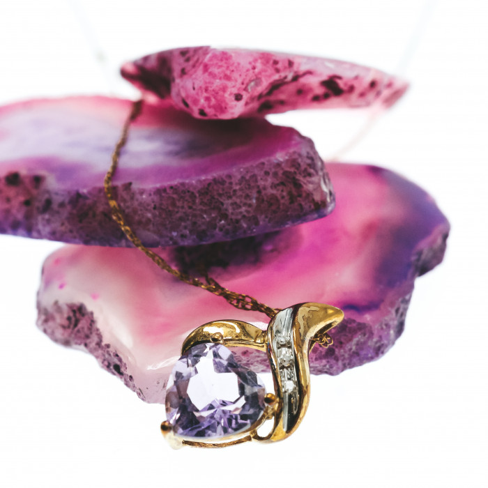 Sky Jewelry Золотая цепочка с кулоном аметист и бриллиант  Сердце