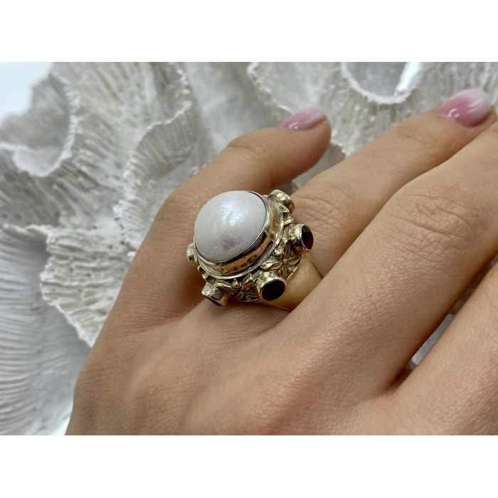 Sky Jewelry Винтажное серебряное кольцо с перламутром и гранатом