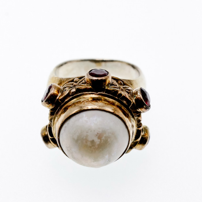 Sky Jewelry Винтажное серебряное кольцо с перламутром и гранатом