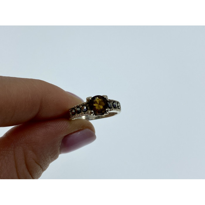 Sky Jewelry Серебряное кольцо с камнями гессонит и морион