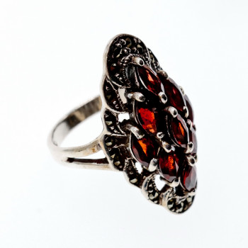 Sky Jewelry Серебряное кольцо с камнями гранат и морион