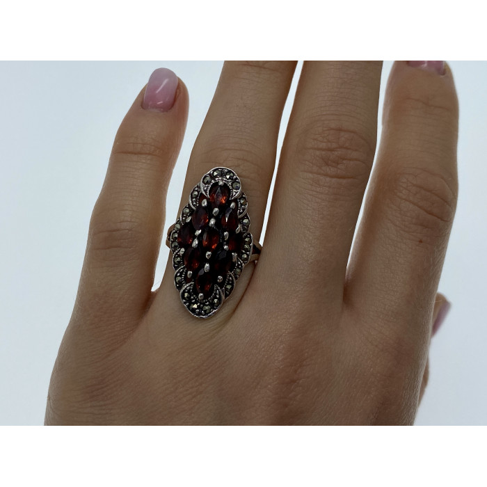 Sky Jewelry Серебряное кольцо с камнями гранат и морион