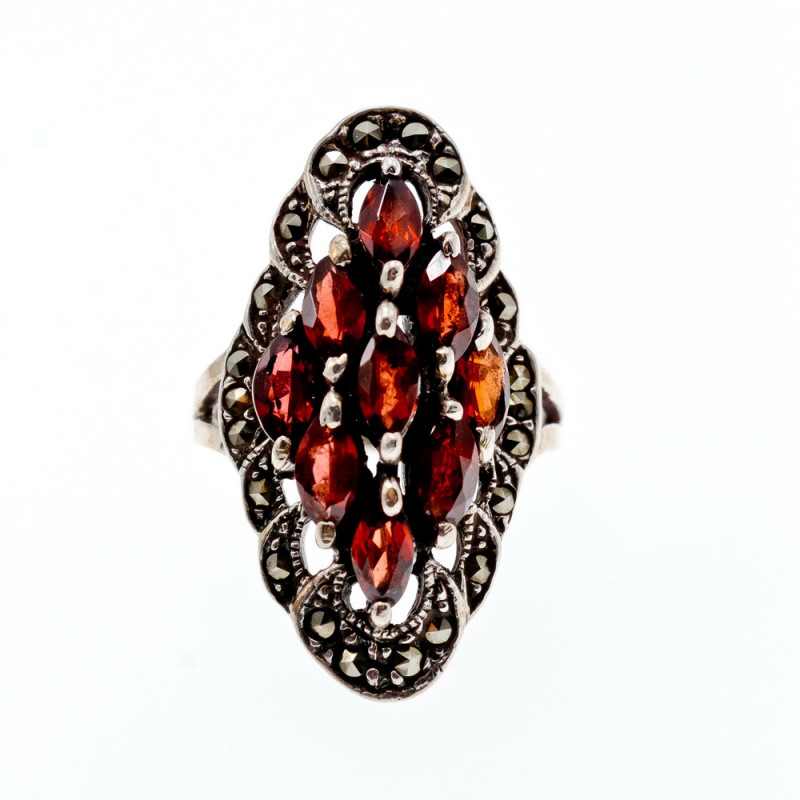 Sky Jewelry Серебряное кольцо с камнями гранат и морион
