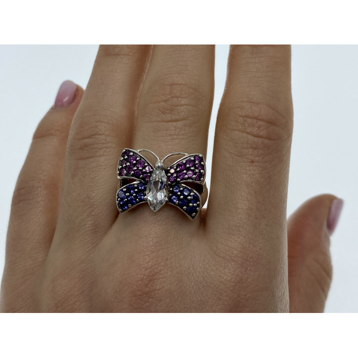 Sky Jewelry Серебряное кольцо с белым топазом , розовой шпинелью и турмалином  Бабочка