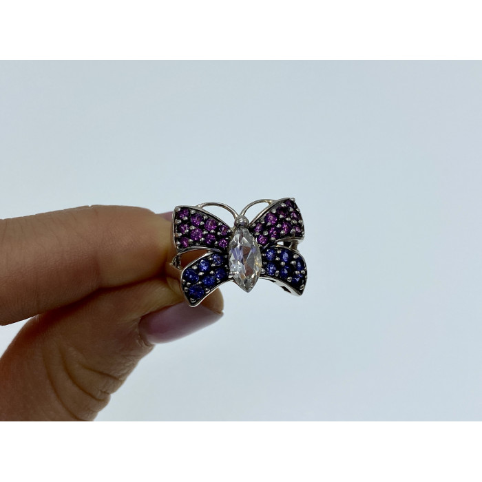 Sky Jewelry Серебряное кольцо с белым топазом , розовой шпинелью и турмалином  Бабочка
