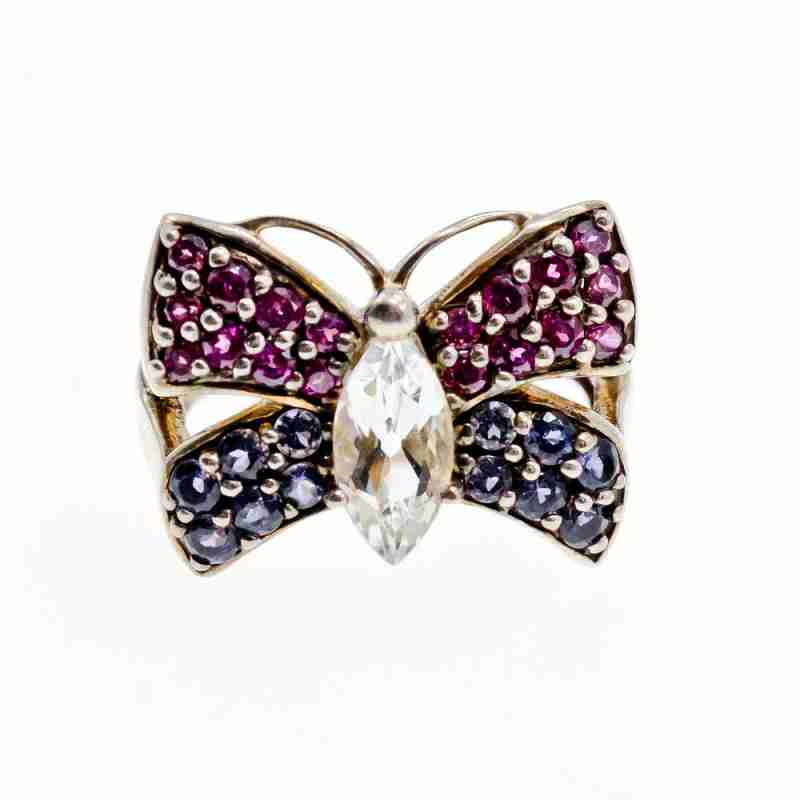 Sky Jewelry Серебряное кольцо с белым топазом , розовой шпинелью и турмалином  Бабочка