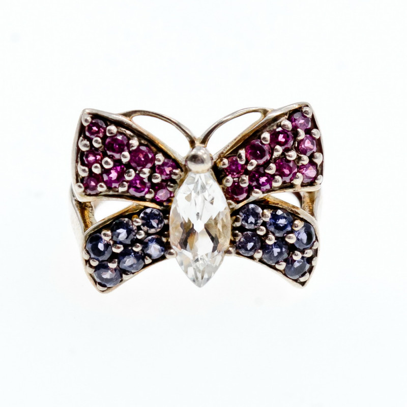 Sky Jewelry Серебряное кольцо с белым топазом , розовой шпинелью и турмалином  Бабочка