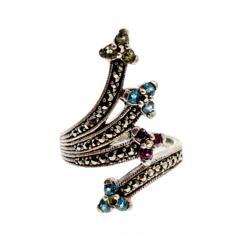 Sky Jewelry Серебряное кольцо с камнями морион хризолит топаз и шпинель  Цветы