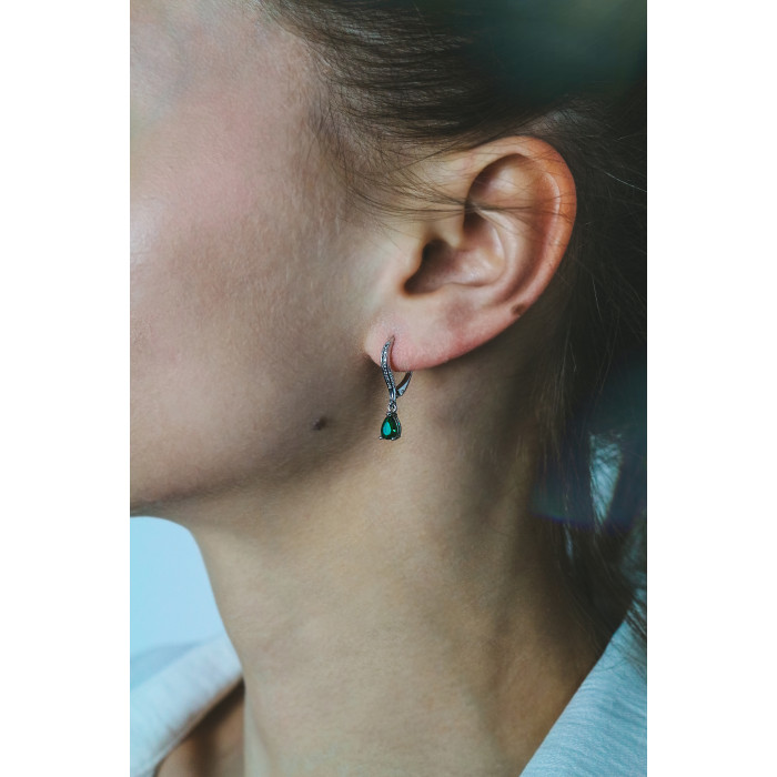 Sky Jewelry Серебряные серьги с изумрудом и фианитами  Летние