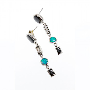 Sky Jewelry Серебряные серьги с опалом ониксом и фианитами