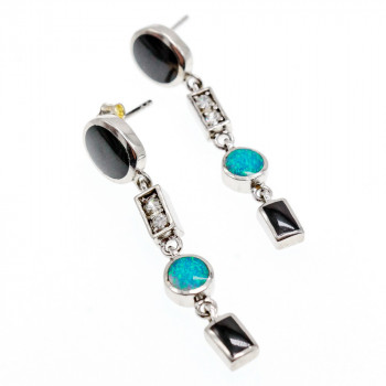Sky Jewelry Серебряные серьги с опалом ониксом и фианитами