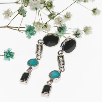 Sky Jewelry Серебряные серьги с опалом ониксом и фианитами
