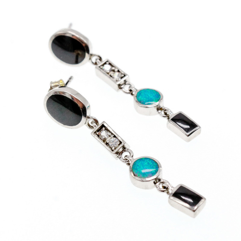 Sky Jewelry Серебряные серьги с опалом ониксом и фианитами