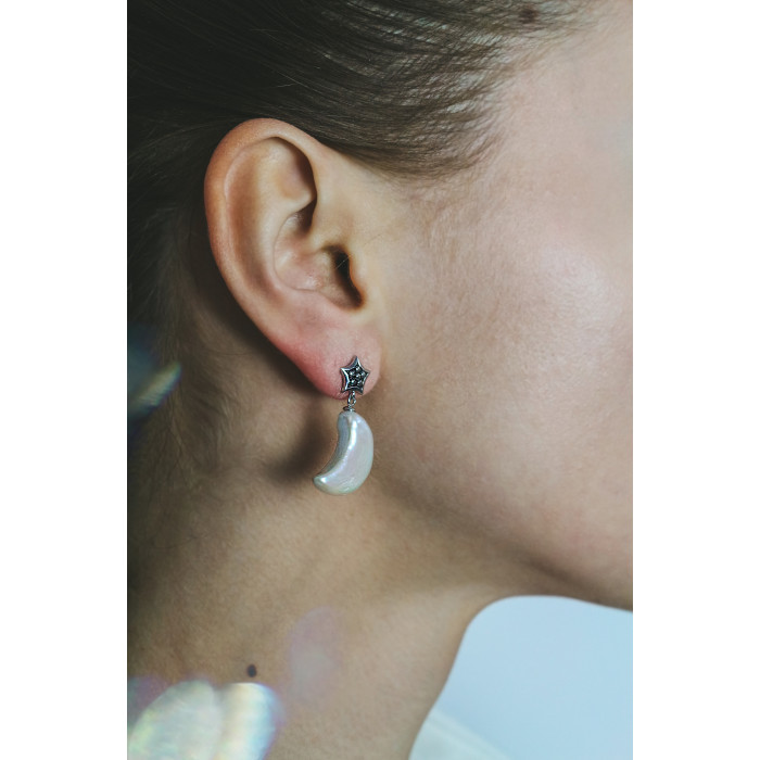 Sky Jewelry Серебряные серьги с перламутром  Луна и Звезды