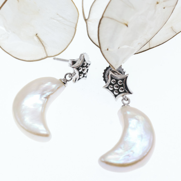 Sky Jewelry Серебряные серьги с перламутром  Луна и Звезды