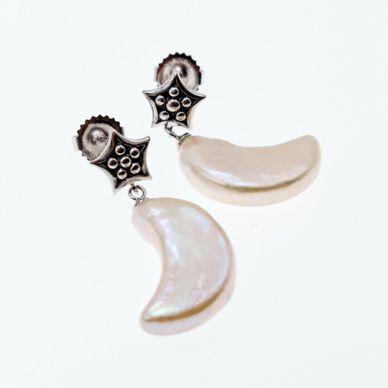 Sky Jewelry Серебряные серьги с перламутром  Луна и Звезды