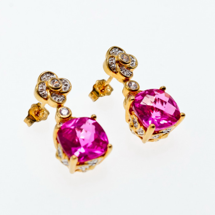 Sky Jewelry Серебряные серьги в позолоте с розовым топазом и фианитами