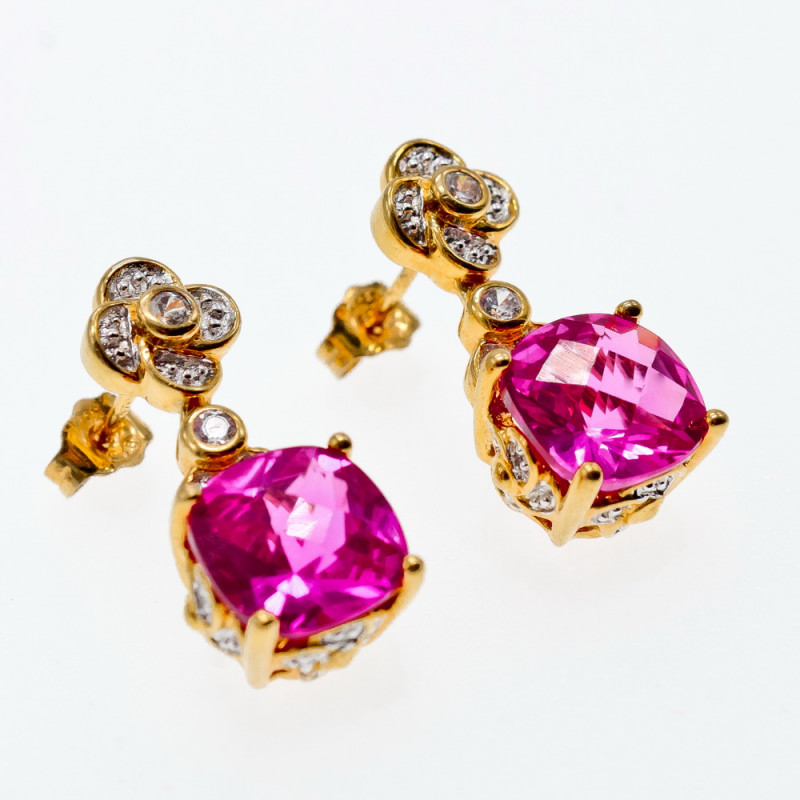 Sky Jewelry Серебряные серьги в позолоте с розовым топазом и фианитами