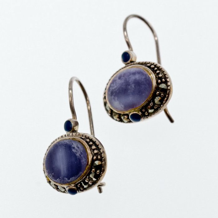 Sky Jewelry Серебряные серьги с агатом и марказитом  Винтаж