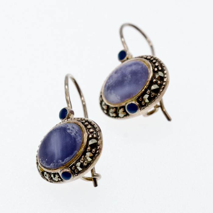Sky Jewelry Серебряные серьги с агатом и марказитом  Винтаж
