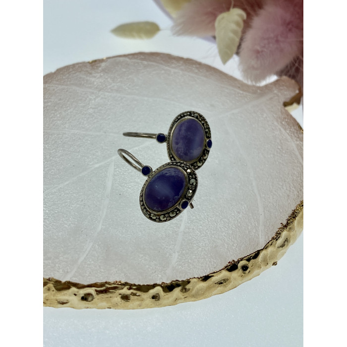 Sky Jewelry Серебряные серьги с агатом и марказитом  Винтаж