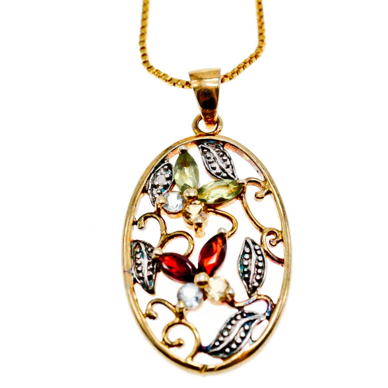 Sky Jewelry Серебряная цепочка с кулоном в позолоте с хризолитом гошенитом цитрином и гранатом