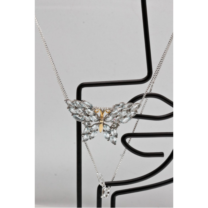Sky Jewelry Серебряная цепочка с кулоном с камнями аквамарин  Бабочка