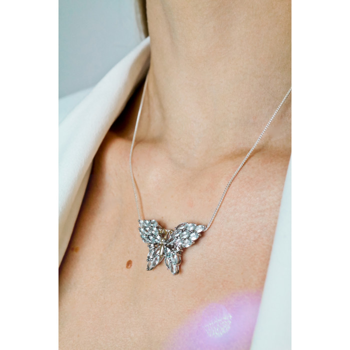 Sky Jewelry Серебряная цепочка с кулоном с камнями аквамарин  Бабочка