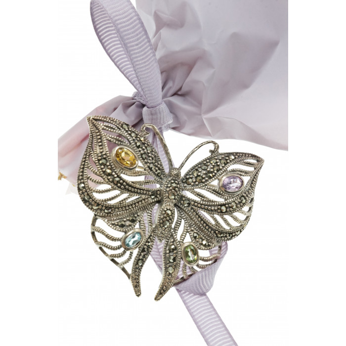 Sky Jewelry Серебряная брошь с марказитами цитрином топазом аметистом и хризолитом   Бабочка