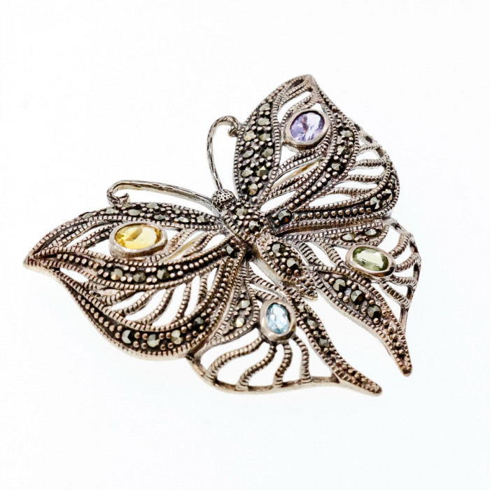 Sky Jewelry Серебряная брошь с марказитами цитрином топазом аметистом и хризолитом   Бабочка