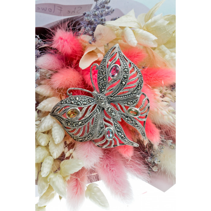 Sky Jewelry Серебряная брошь с марказитами цитрином топазом аметистом и хризолитом   Бабочка