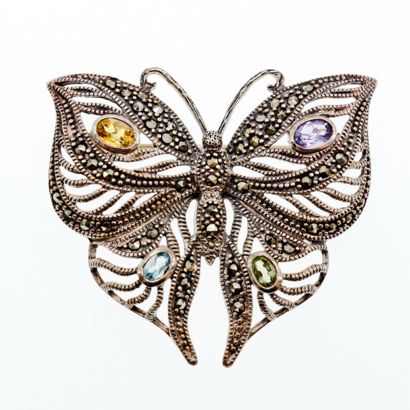 Sky Jewelry Серебряная брошь с марказитами цитрином топазом аметистом и хризолитом   Бабочка