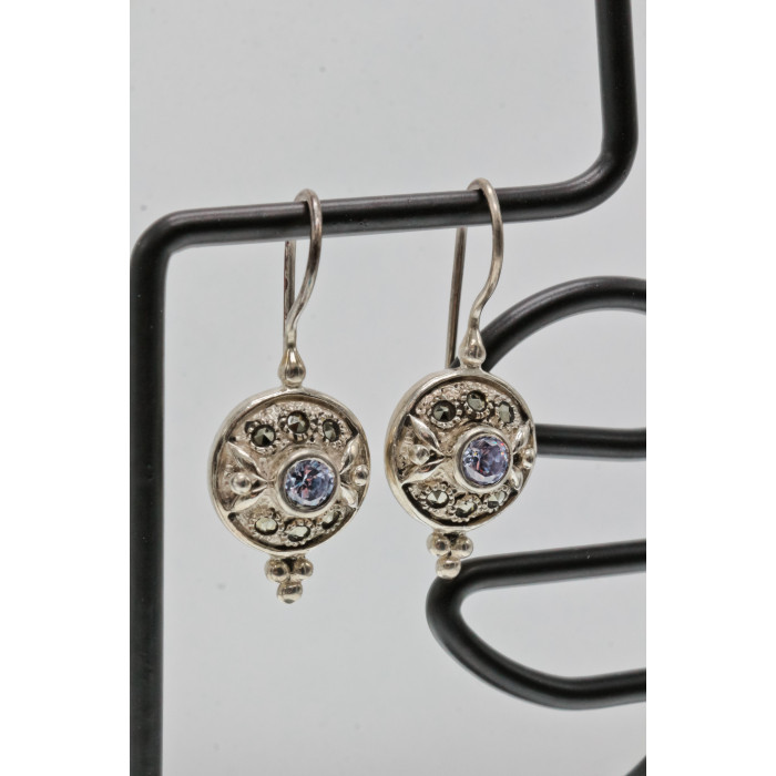 Sky Jewelry Серебряные серьги с камнями марказит и аметист  Винтаж