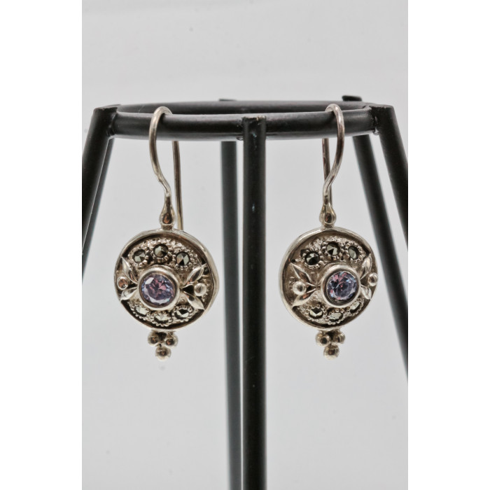 Sky Jewelry Серебряные серьги с камнями марказит и аметист  Винтаж