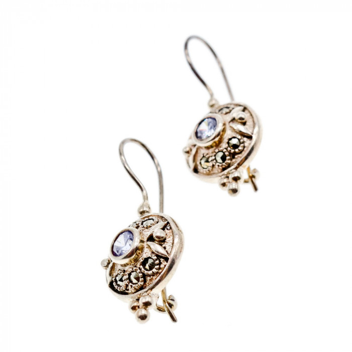 Sky Jewelry Серебряные серьги с камнями марказит и аметист  Винтаж