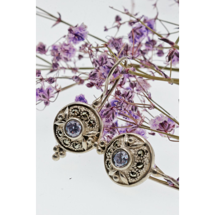 Sky Jewelry Серебряные серьги с камнями марказит и аметист  Винтаж