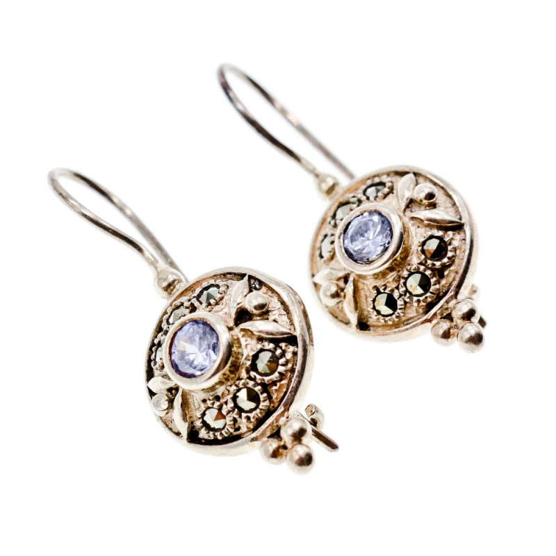 Sky Jewelry Серебряные серьги с камнями марказит и аметист  Винтаж