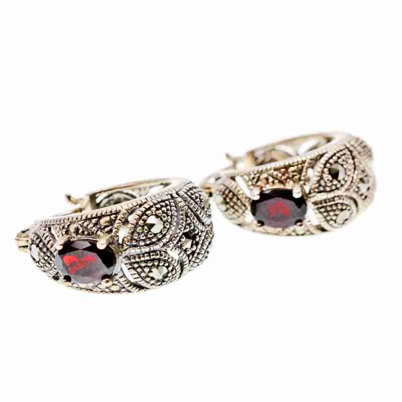 Sky Jewelry Серебряные серьги с альмандином и марказитом  Винтаж