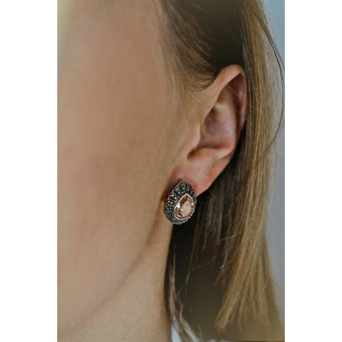 Sky Jewelry Серебряные серьги с гелиодором и марказитами   Королева