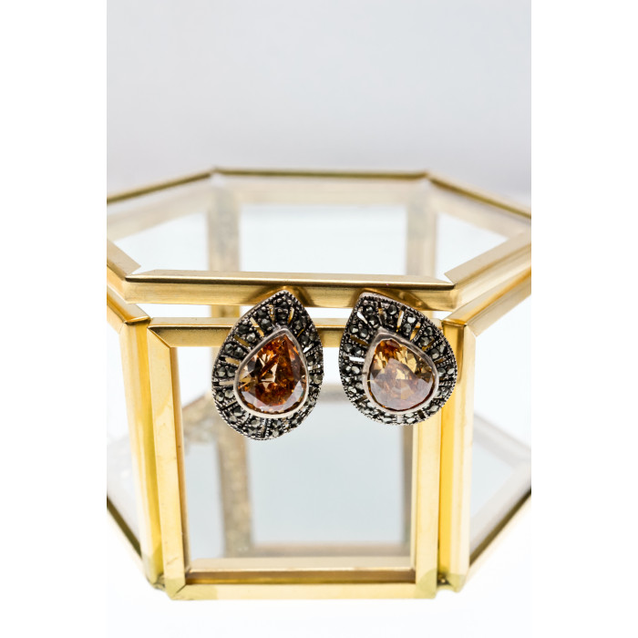 Sky Jewelry Серебряные серьги с гелиодором и марказитами   Королева