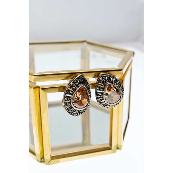 Sky Jewelry Серебряные серьги с гелиодором и марказитами   Королева